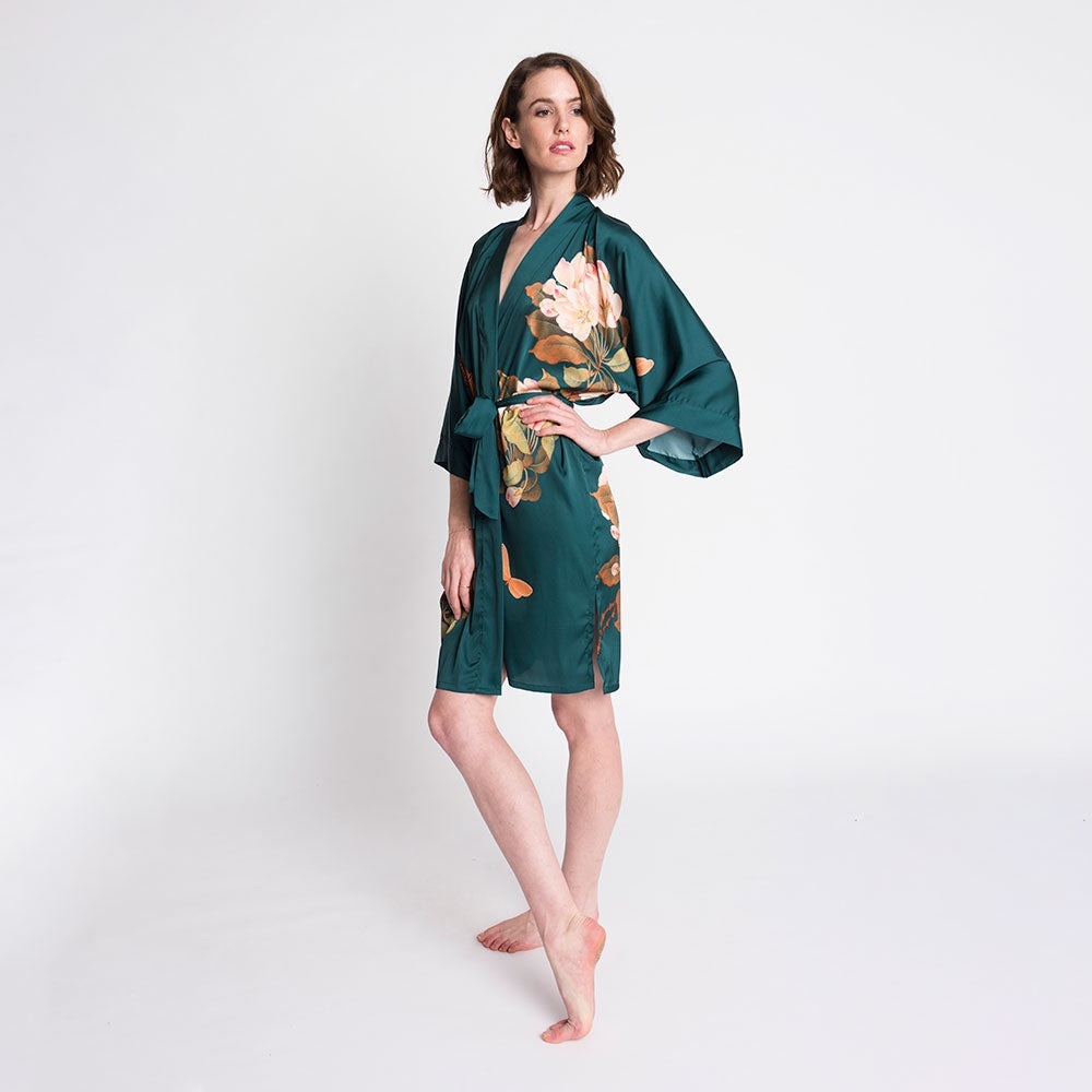 Silk-Feel Teal Floral Kimono Robe - Picture 2 of 16